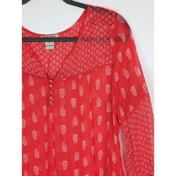 Lucky Brand Top Blouse Floral Sheer Boho Spring Summer Orange Red Size M - Picture 2 of 10